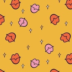 Colorful Hand Drawn Retro Groovy Lips with Orange Background
