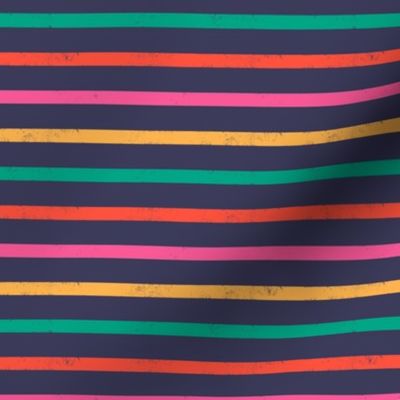 Small scale / Multicolored retro rainbow horizontal stripes on navy / grunge distressed textured blender lines on dark blue background/ bright scarlet pink yellow cabana Christmas red and green