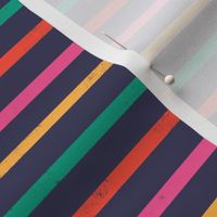 Small scale / Multicolored retro rainbow horizontal stripes on navy / grunge distressed textured blender lines on dark blue background/ bright scarlet pink yellow cabana Christmas red and green