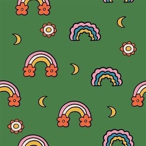 Colorful Hand Drawn Retro Groovy Floral Rainbow and Crescent Moon in Green Background
