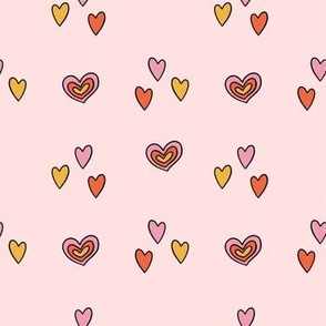 Colorful Hand Drawn Retro Groovy Love Heart Shapes in Blush Background