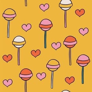 Colorful Hand Drawn Retro Groovy Lollipops  and Love Shape with Yellow Background