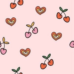 Colorful Hand Drawn Retro Groovy Cherries and Heart Shape with Peach Background