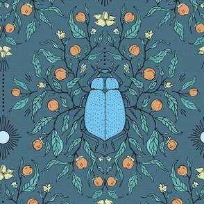 Night Crawler-hand drawn modern gothic night damask with crawling beetle on leaves fruits twigs branches forest tree in muted teal dark dusty blue, boho bohemian chic home decor design 
