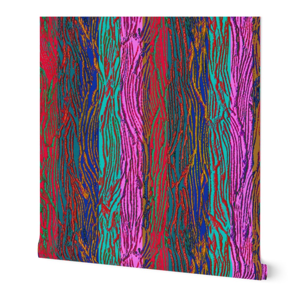 Highly textured bright colourful vertical stripes 12” repeat in cerise, bright red, true blue, turquoise cyan and gold touches