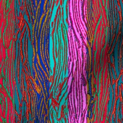 Highly textured bright colourful vertical stripes 12” repeat in cerise, bright red, true blue, turquoise cyan and gold touches