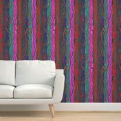 Highly textured bright colourful vertical stripes 12” repeat in cerise, bright red, true blue, turquoise cyan and gold touches