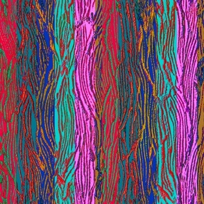 Highly textured bright colourful vertical stripes 12” repeat in cerise, bright red, true blue, turquoise cyan and gold touches