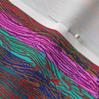 Highly textured bright colourful vertical stripes 6” repeat in cerise, bright red, true blue, turquoise cyan and gold touches