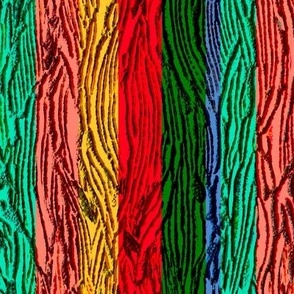 Highly textured bright colourful vertical stripes 12” repeat in cerise, bright red, salmon peach, gold yellow, emerald watermelon green and cyan turquoise