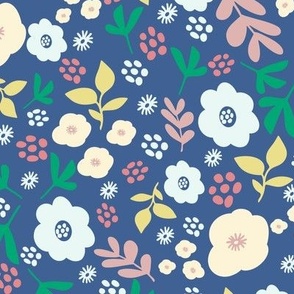 Springtime Blooms: Delicate Floral Design on a Integra Blue Background - Small Scale Fabric