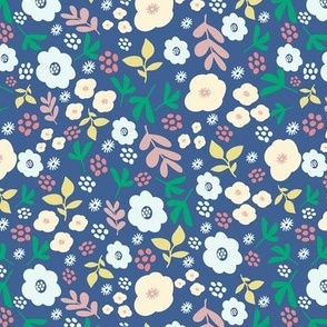 Springtime Blooms: Delicate Floral Design on a Integra Blue Background - Tiny Scale Fabric