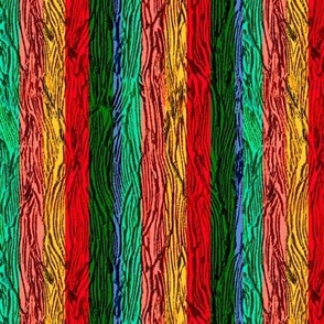 Highly textured bright colourful vertical stripes 6”  repeat in cerise, bright red, salmon peach, gold yellow, emerald watermelon green and cyan turquoise