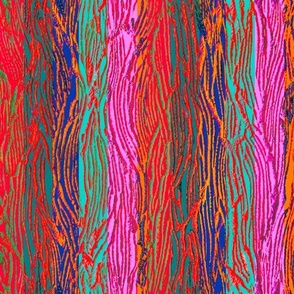Highly textured bright colourful vertical stripes 12” repeat in bright scarlet red, deep blue, cyan turquoise, cerise