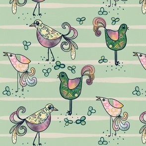 Meadow doodle birds on pastel green - larger scale