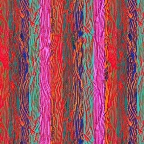 Highly textured bright colourful vertical stripes 6” repeat in bright scarlet red, deep blue, cyan turquoise, cerise