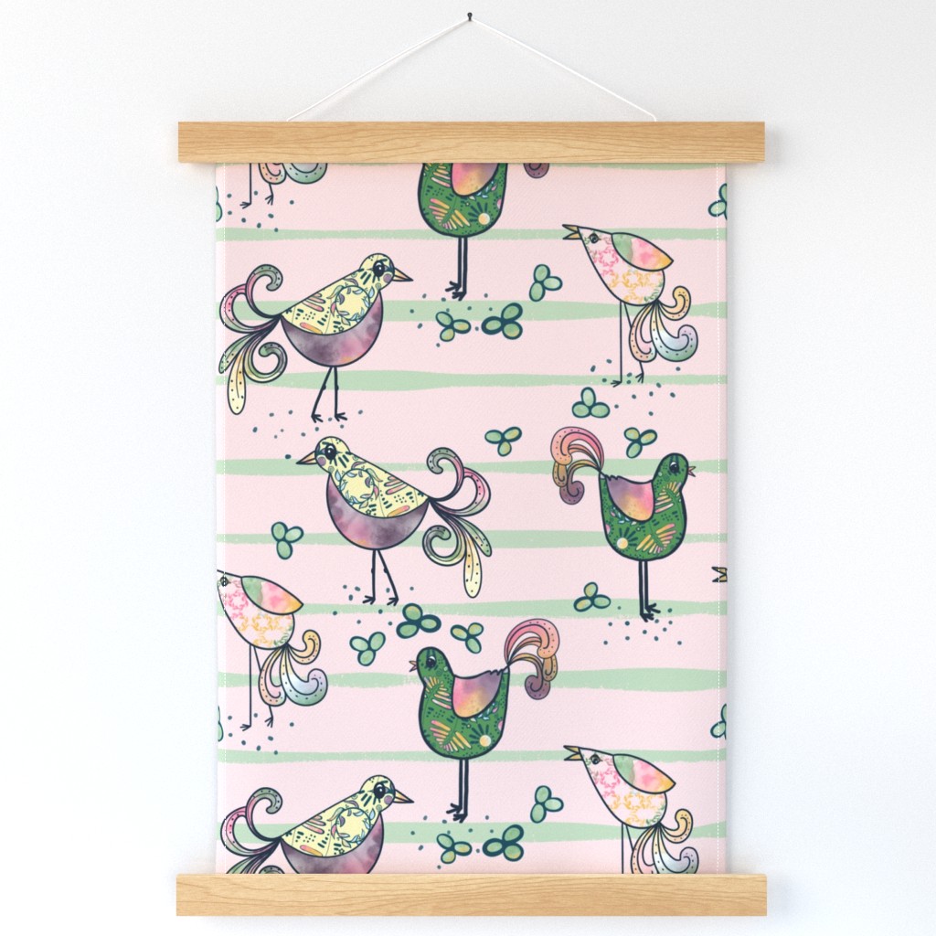 Meadow doodle birds on pink - larger scale