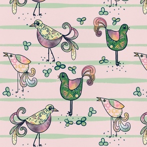 Meadow doodle birds on pink - larger scale