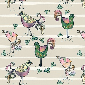 Meadow doodle birds on pearl white - larger scale