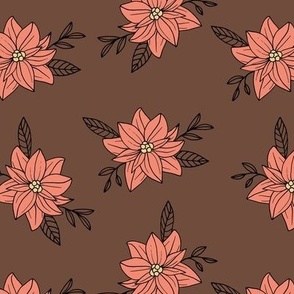 Vintage winter garden - poinsetta blossom and leaves freehand botanical seventies boho design blush on chocolate  