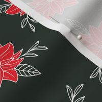 Vintage winter garden - poinsetta blossom and leaves freehand botanical boho design white red on pine green  