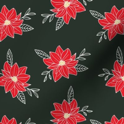 Vintage winter garden - poinsetta blossom and leaves freehand botanical boho design white red on pine green  