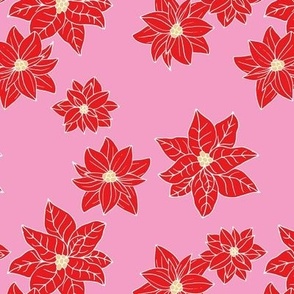 Vintage winter garden - poinsetta blossom and leaves freehand botanical boho design white red on hot pink   