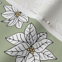 Poinsettia winter blossom - Scandinavian botanical boho design white on sage green 