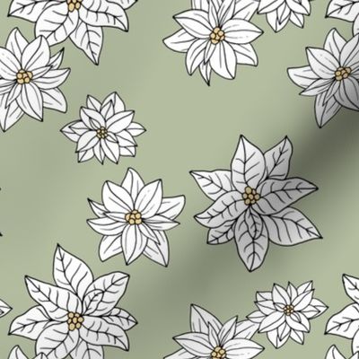 Poinsettia winter blossom - Scandinavian botanical boho design white on sage green 