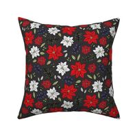 Wild Christmas flowers winter blossom - leaves pine needles mistletoe and poinsettia flowers lime red blue berry on charcoal gray