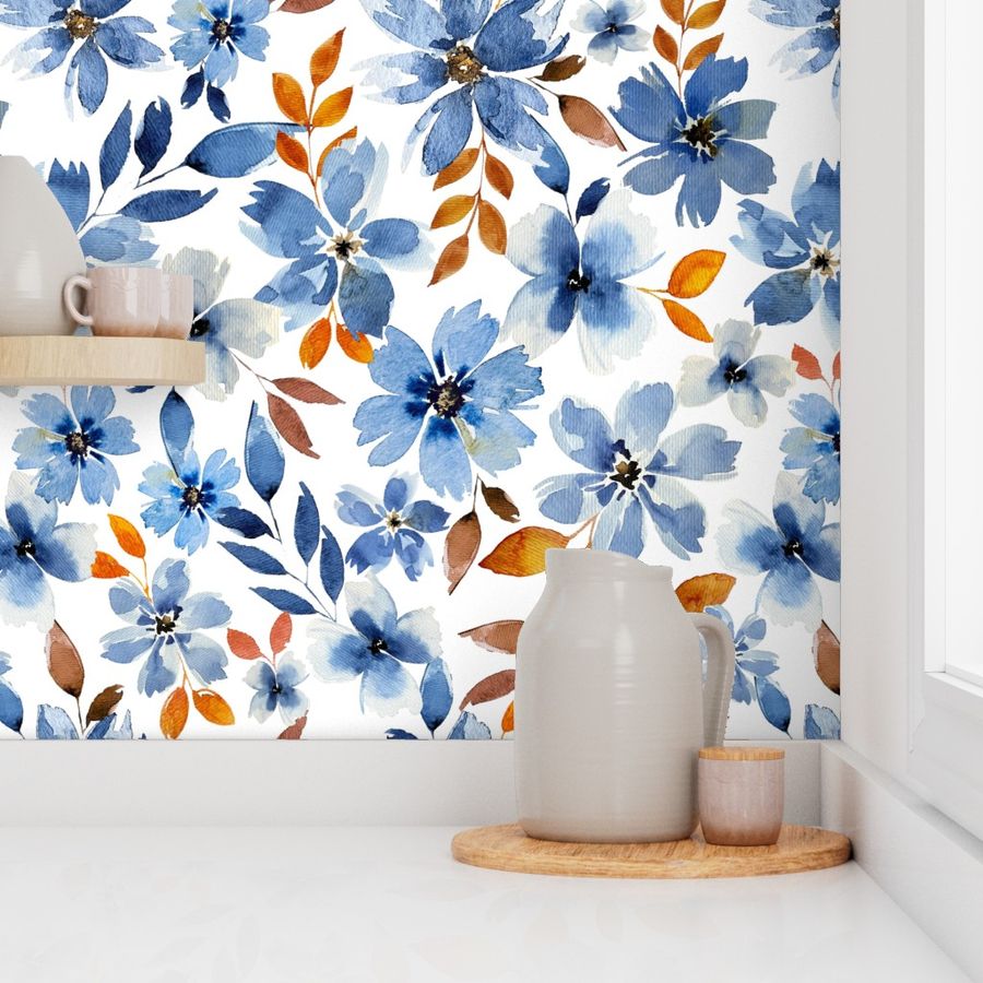 Wallpaper Blue Watercolor Floral Wallpaper | Spoonflower