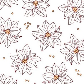 Minimalist freehand boho garden - Christmas blossom poinsettia flowers and seeds burgundy yellow on white 