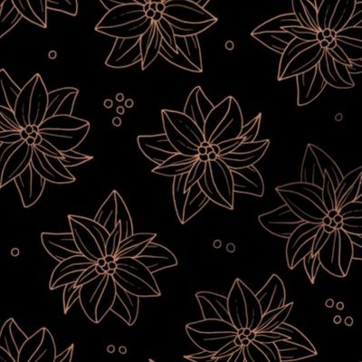 Minimalist freehand boho garden - Christmas blossom poinsettia flowers and seeds golden on black 