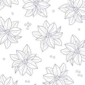 Minimalist freehand boho garden - Christmas blossom poinsettia flowers and seeds lavender blue on white