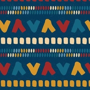 Tribal Painterly Stripe - Navy blue, red, gold, teal