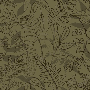 Fern Wallpaper | Large Scale | Forest Floor in Olive Green | Dark Botanical Ferns Leaves Nature-Inspired Organic