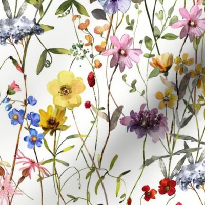 14" a colorful cute summer wildflower meadow  - nostalgic Wildflowers and Herbs home decor on white double layer,  Baby Girl and nursery fabric perfect for kidsroom wallpaper, kids room, kids decor single layer