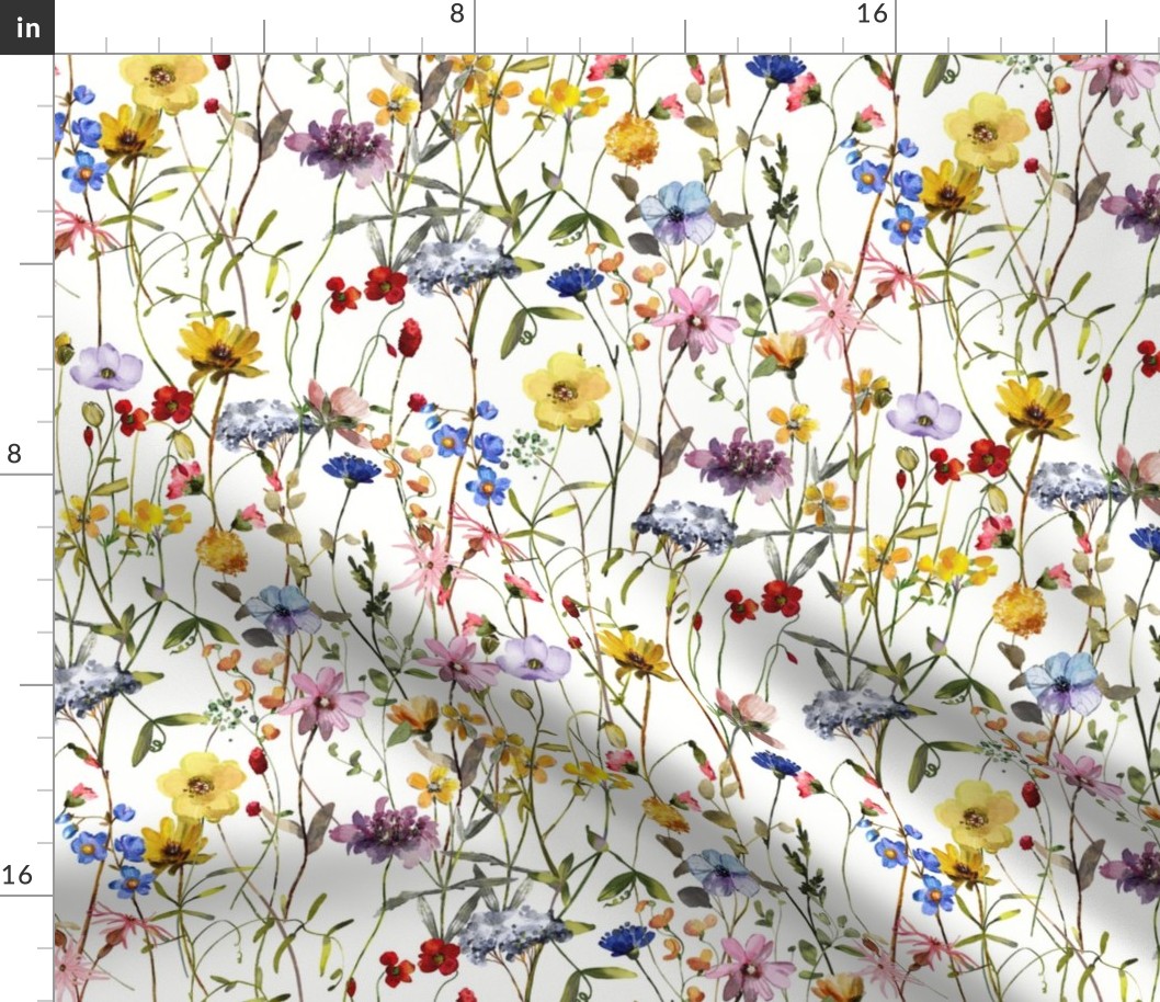 14" a colorful cute summer wildflower meadow  - nostalgic Wildflowers and Herbs home decor on white double layer,  Baby Girl and nursery fabric perfect for kidsroom wallpaper, kids room, kids decor single layer