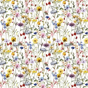 10" a colorful cute summer wildflower meadow  - nostalgic Wildflowers and Herbs home decor on white double layer,  Baby Girl and nursery fabric perfect for kidsroom wallpaper, kids room, kids decor single layer