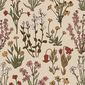Wildflower Wallpaper | Woodland Wildflowers in Beige | Large Scale Floral | Hand Drawn | Vintage Botanical Nature Organic Bohemian