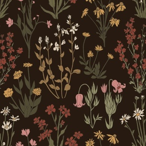 Wildflower Wallpaper | Woodland Wildflowers in Black | Large Scale Dark Floral | Hand Drawn | Vintage Botanical Nature Organic Bohemian