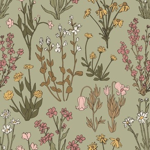 Wildflower Wallpaper | Woodland Wildflowers in Sage Green | Large Scale Floral | Hand Drawn | Vintage Botanical Nature Organic Bohemian