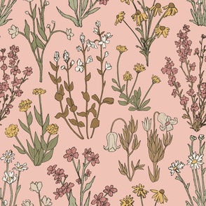 Wildflower Wallpaper | Woodland Wildflowers in Dusty Pink | Large Scale Floral | Hand Drawn | Vintage Botanical Nature Organic Bohemian