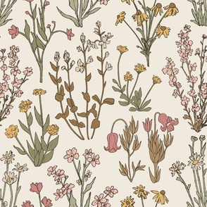 Wildflower Wallpaper | Woodland Wildflowers in Cream | Large Scale Floral | Hand Drawn | Vintage Botanical Nature Organic Bohemian