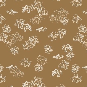 Cottage Core Ditsy Floral | Medium Scale | Hand Drawn Forest Flowers | Artistic Woodland Daisies | Neutral Tan Brown & Ivory  White