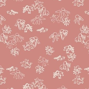 Cottage Core Ditsy Floral | Medium Scale | Hand Drawn Forest Flowers | Artistic Woodland Daisies | Dusty Rose Pink & Ivory White