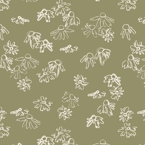 Cottage Core Ditsy Floral | Medium Scale | Hand Drawn Forest Flowers | Artistic Woodland Daisies | Artichoke Sage Green & Ivory White