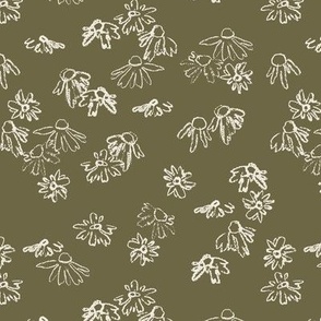 Cottage Core Ditsy Floral | Medium Scale | Hand Drawn Forest Flowers | Artistic Woodland Daisies | Olive Green & Ivory White