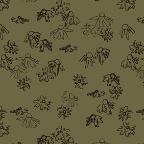 Cottage Core Dark Floral | Medium Scale | Hand Drawn Forest Flowers | Artistic Woodland Daisies | Olive Green & Onyx Black