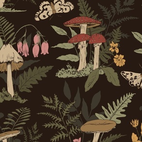 Mushroom Wallpaper | Mushroom Fabric | Fern Wallpaper| Moth Wallpaper | Enchanted Forest  in Black | Extra-Large Scale